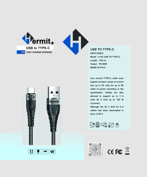 کابل تایپ سی TYPE.C کنفی برند +Hermit - Image 2